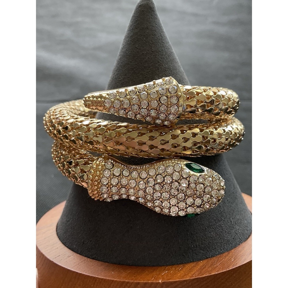 Gold Tone Mesh Coiled Snake with Green Eyes and Rhinestone Head and Tail